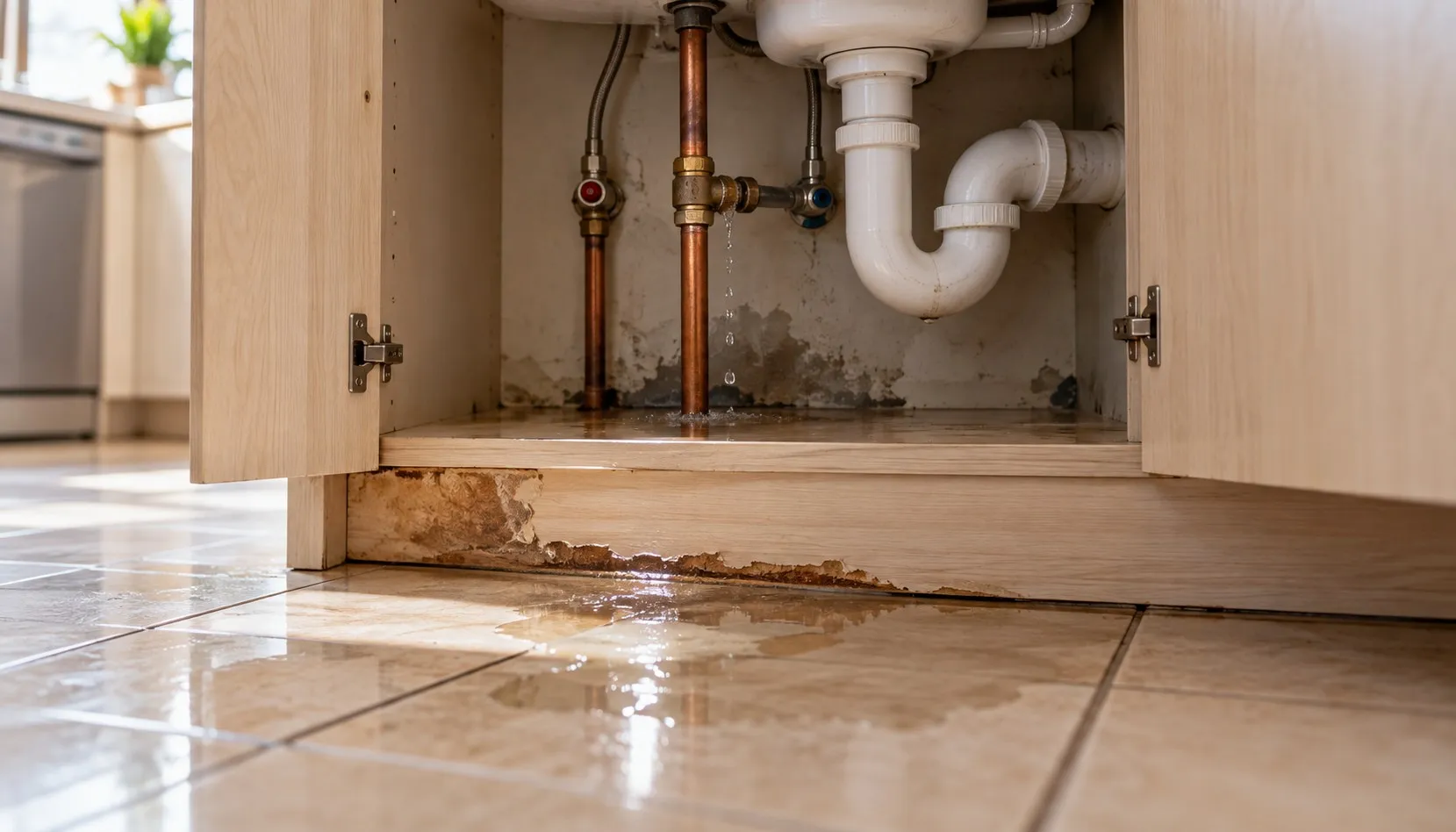 Cañería con fuga bajo el lavaplatos y agua en el piso
