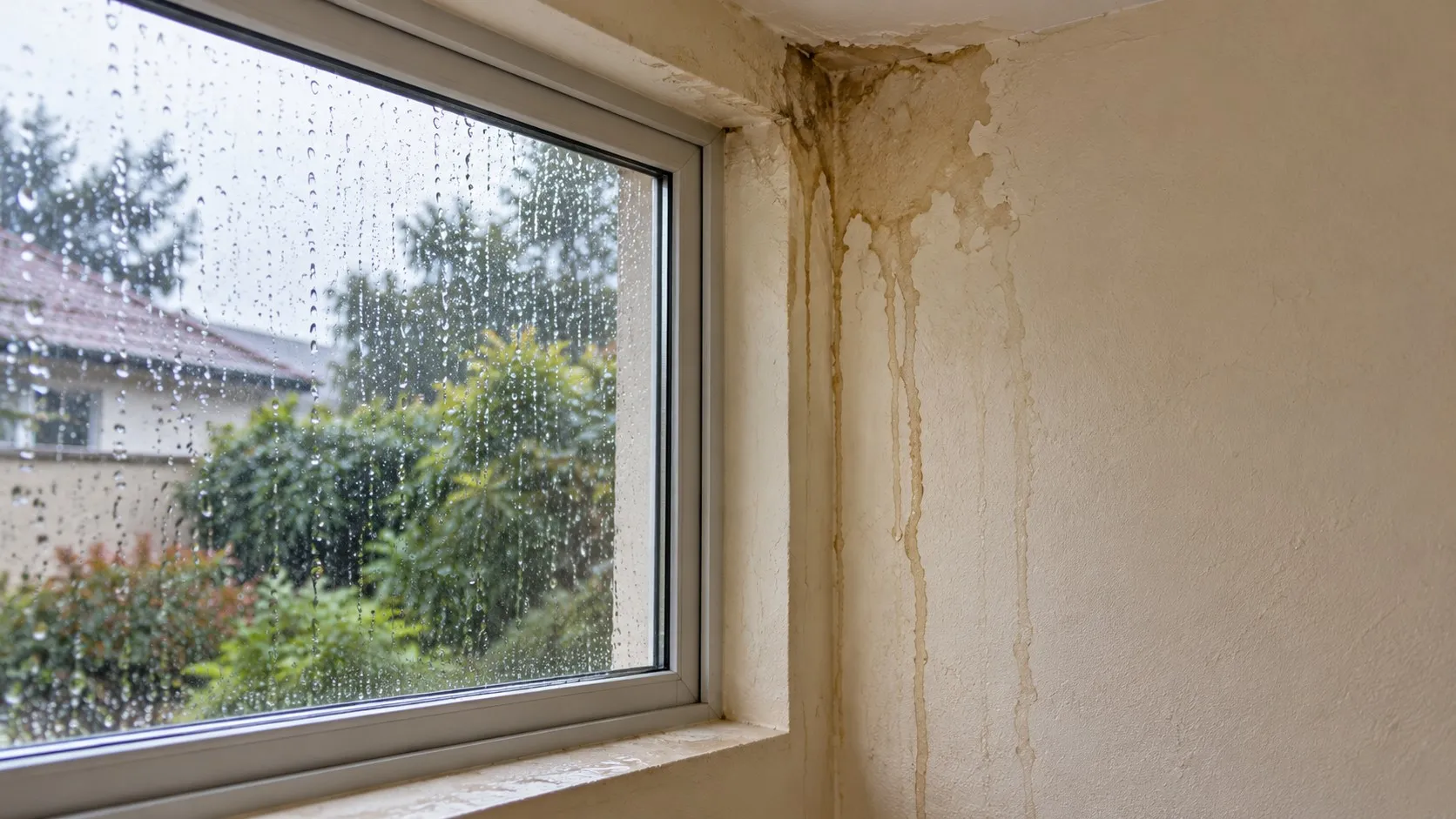 Filtración de agua en el muro junto a una ventana con lluvia