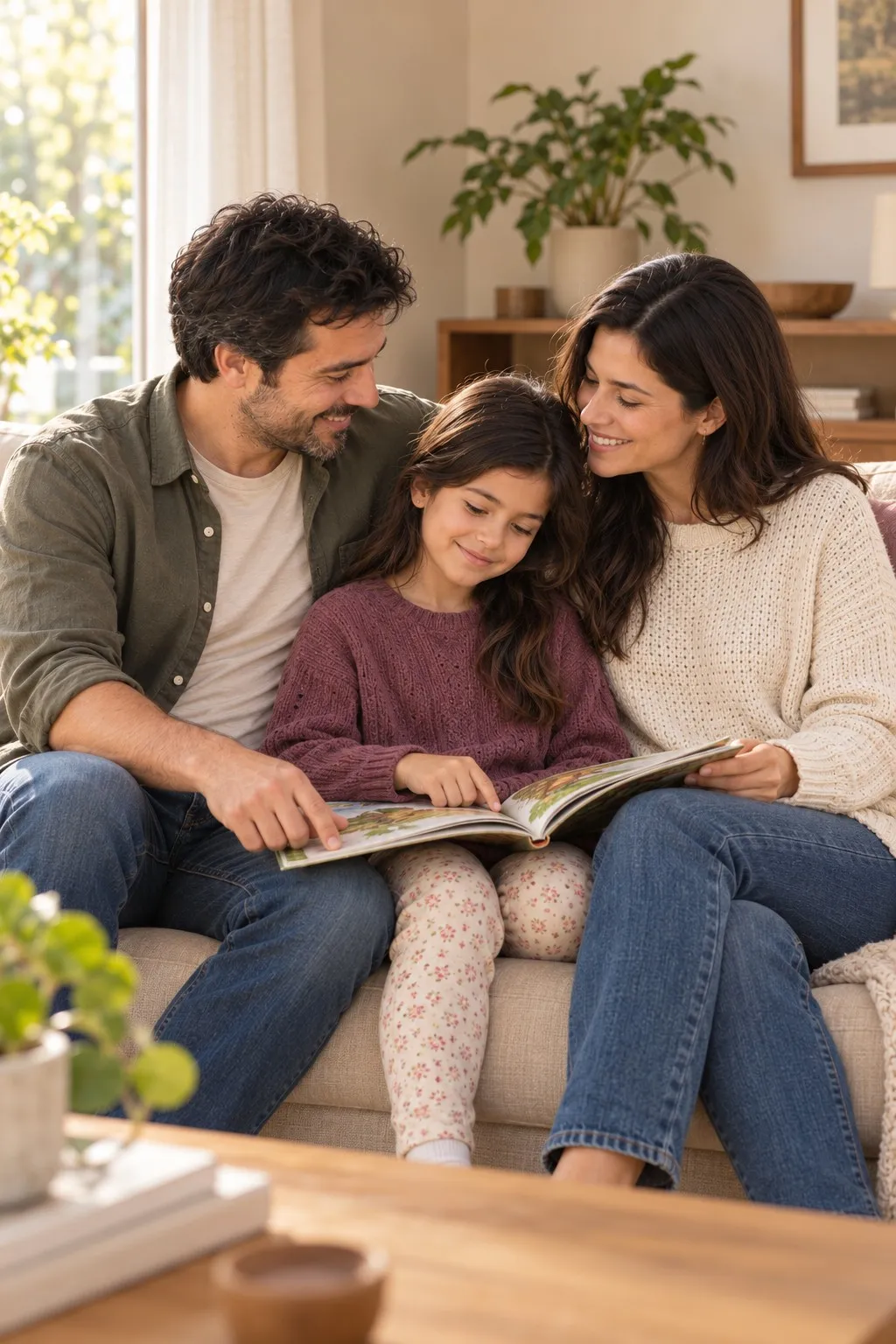 Familia leyendo un libro con su hija en el sofá de su casa