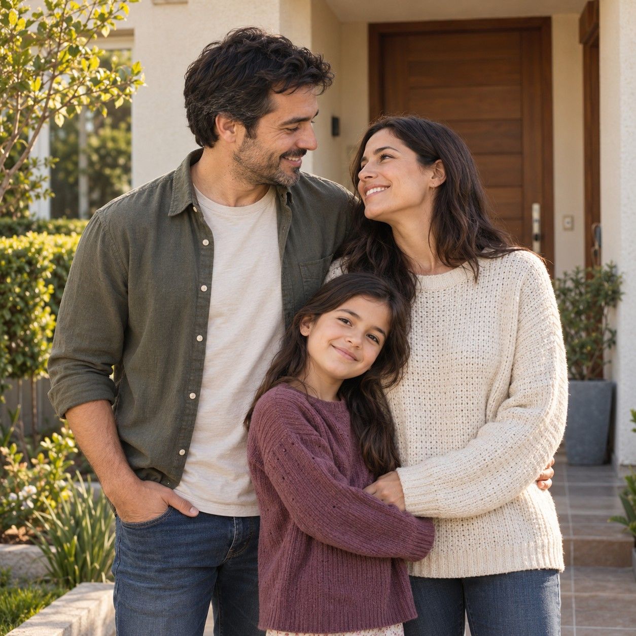 Familia abrazada frente a la puerta de su casa