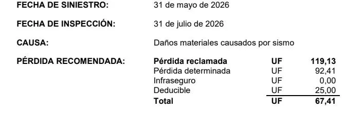 Extracto del informe de liquidación con indemnización de 67,41 UF